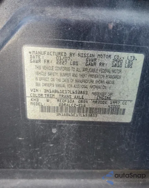 2007 Nissan Sentra 2.0 z USA, uszkodzony, nr VIN 3N1AB61E17L653853